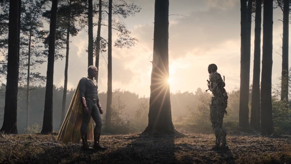 A still featuring Vision and Ultron from the film Avengers: Age of Ultron (2015).